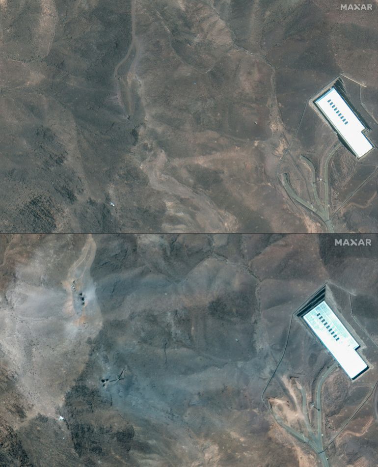 (COMBO) This combination of pictures created on June 22, 2025 using handout satellite images released by Maxar Technologies shows Iran's Fordow Fuel Enrichment Plant (FFEP), northeast of the city of Qom on on June 19, 2025 (top), and Iran's Fordow Fuel Enrichment Plant (FFEP), northeast of the city of Qom, after US strikes on the site June 22, 2025 (bottom).