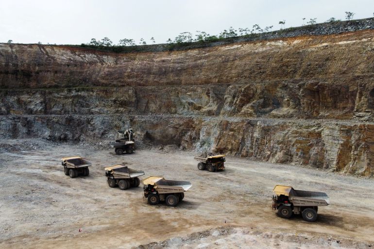 A drone view shows queued dump trucks at Gold Fields Mine in Tarkwa, Ghana, April 11, 2025. REUTERS/Francis Kokoroko TPX IMAGES OF THE DAY