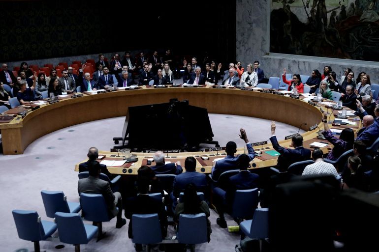 United Nations Security Council members vote on a resolution calling for a ceasefire and unrestricted humanitarian access in Gaza, at UN headquarters in New York City on June 4, 2025. It is the 15-member body's first vote on the subject since November 2024, when the United States -- a key Israeli ally -- blocked a text calling for an end to fighting. Israel has faced growing international pressure to end its war in Gaza, which was triggered by the unprecedented October 7, 2023 attack by Hamas on Israeli soil. (Photo by Leonardo Munoz / AFP)