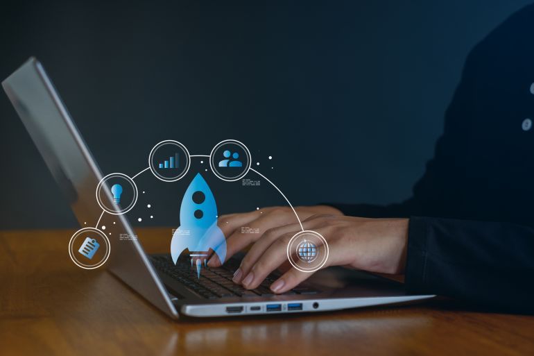 Entrepreneurship launch rocket start flying up and network line connection. Startup concept plan development business project digital.; Shutterstock ID 2491587281; purchase_order: aljazeera ; job: ; client: ; other:
