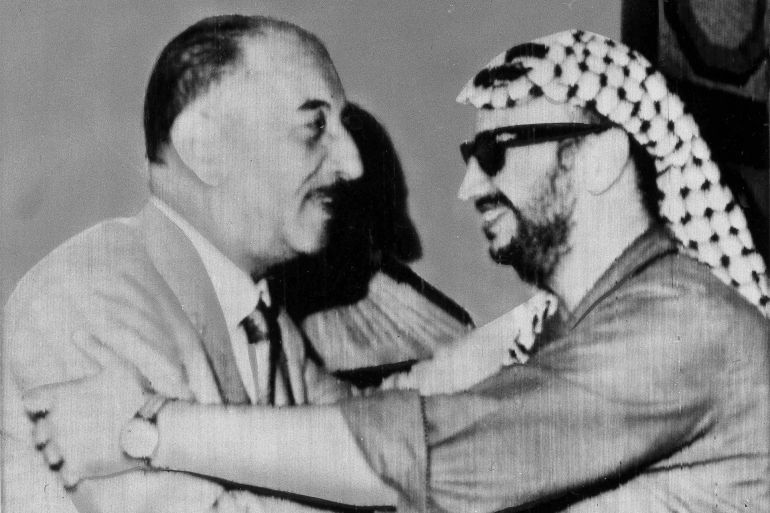 President Ahmed Hassan al-Bakr of Iraq, left, greets PLO leader Yasser Arafat in Baghdad, Iraq, Aug. 17, 1970. Arafat is in Baghdad to participate in talks with ruling Baathist Socialist Party. Iraq told Jordan that its 12,000 troops there will back Palestinian guerrillas in any new showdown with the Jordanian army. (AP Photo)