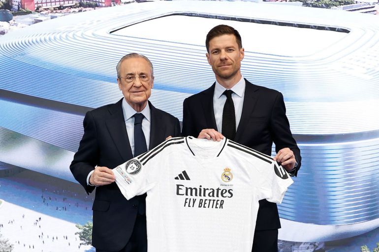 MADRID, SPAIN - MAY 26: Xabi Alonso, new head coach of Real Madrid, seen with Florentino Pérez the Real Madrid club President, after he signs a contract at Valdebebas training ground on May 26, 2025 in Madrid, Spain. (Photo by Antonio Villalba/Real Madrid via Getty Images)
