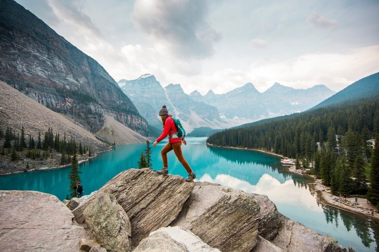 A woman hiking above Lake Moraine near Banff