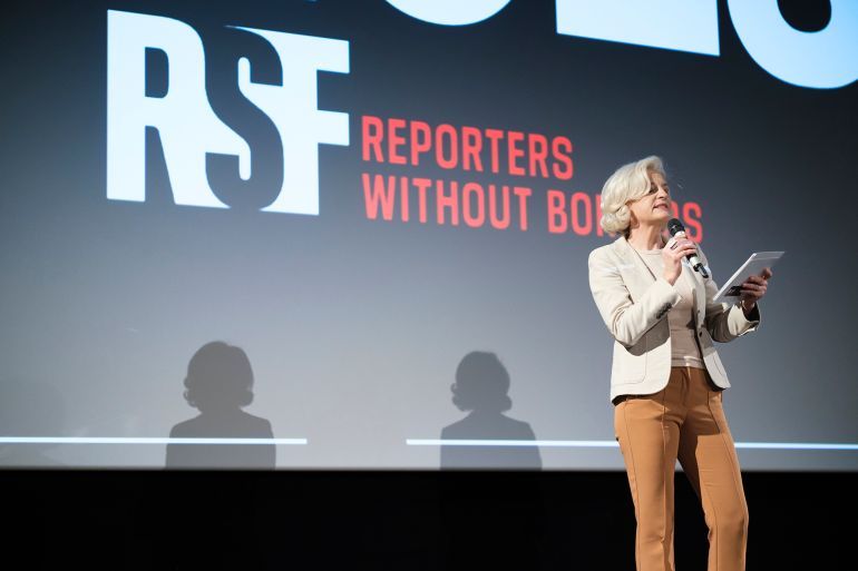 BRUSSELS, BELGIUM - NOVEMBER 28: German TV host and journalist of the Franco-German television channel ARTE Annette Gerlach presents the Reporters Sans Frontieres (RSF) Press freedom awards 2023 in the Cinema Palace on November 28, 2023 in Brussels, Belgium. (Photo by Thierry Monasse/Getty Images)