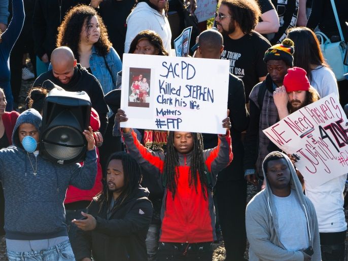 Mar 22, 2018; Sacramento, CA, USA; Black Lives Matters demonstrators march in downtown Sacramento before the game between a Sacramento Kings and Atlanta Hawks. Mandatory Credit: Kelley L Cox-USA TODAY Sports