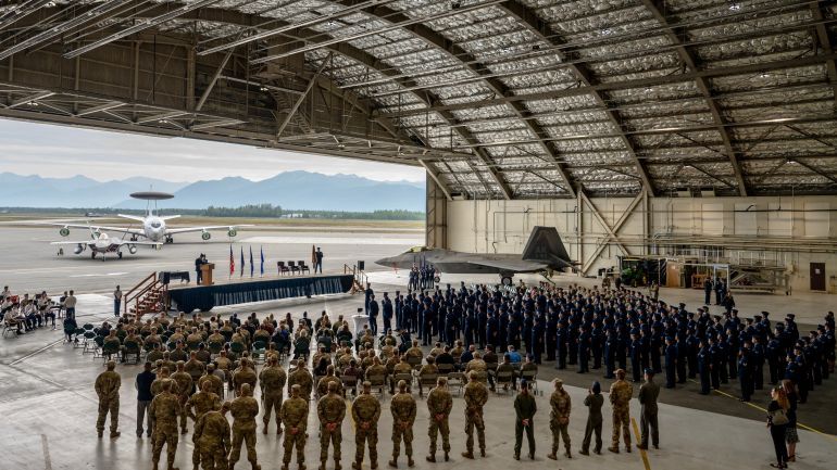 U.S. Air Force Airmen assigned to the 3rd Wing participate in a change of command ceremony at Joint Base Elmendorf-Richardson, Alaska, July 15, 2022. The ceremony recognizes the transition of command from Col. Travolis Simmons to Col. Kevin Jamieson. (U.S. Air Force photo )
