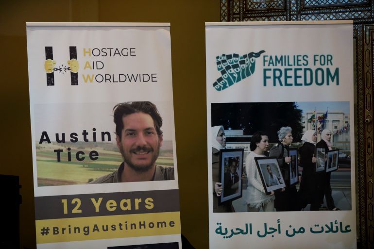 DAMASCUS, SYRIA - JANUARY 20: Posters are displayed as Debra Tice attends a press conference highlighting the case of her son, missing U.S. journalist Austin Tice, on January 20, 2025 in Damascus, Syria. Austin Tice, who disappeared in Syria in 2012, was believed to be held by forces under the direction of the Assad regime, although the Syrian government never confirmed Tice was in its custody. At the time Assad was toppled by a rebel coalition last month, U.S. President Joe Biden said that he believed Tice was still alive. (Photo by Ali Haj Suleiman/Getty Images)
