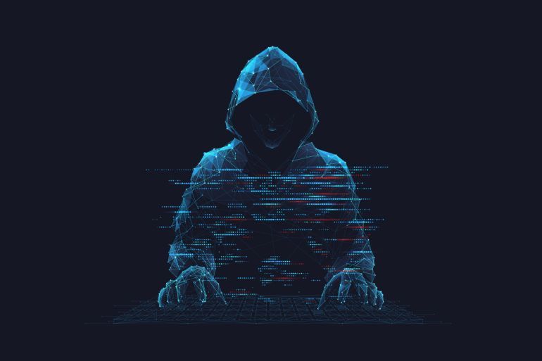 Abstract digital hacker. Cyber security concept. A man wearing a hoodie with a hidden face in front of a computer. Cyber attack and data hack. Fraud man. 3D Vector polygonal wireframe illustration.