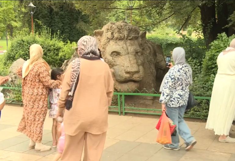 مجسم صخري لأسد وسط المدينة، حيث بات مزارا يتجمهر حوله السياح لالتقاط صور تذكارية قربه