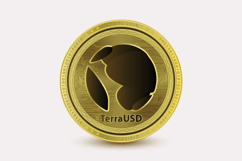 TerraUSD UST Coin token new on white background cryptocurrency blockchain (crypto currency) digital currency, alternative currency. 3D Vector illustration. UST symbol of modern digital gold and money