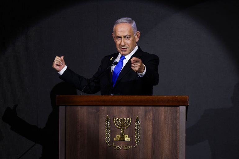 TOPSHOT - Israeli Prime Minister Benjamin Netanyahu delivers a statement during the US Independence Day reception, known as the annual 