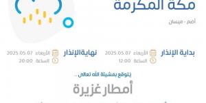 بالإنذار الأحمر.. "الأرصاد" ينبه من أمطار غزيرة على مكة - الكويت الاخباري