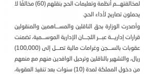 سجن وغرامة.. عقوبات بحق 20 شخصًا لنقلهم 60 مخالفًا لنظام الحج - الكويت الاخباري