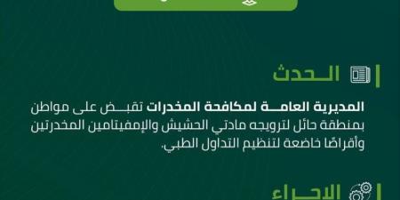 القبض على شخص بمنطقة حائل روّج مادتي الحشيش والإمفيتامين وأقراصًا مخدرة - الكويت الاخباري