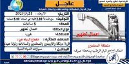 "لمدة 5 ساعات" انقطاع المياه عن قرية درنكة ومناطق الأربعين والمعلمين والسادات ونزلة عبد اللاه فى أسيوط - الكويت الاخباري