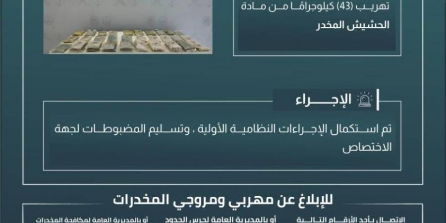 حرس الحدود بجازان يحبط تهريب 43 كيلوجرامًا من مادة الحشيش المخدر - الكويت الاخباري