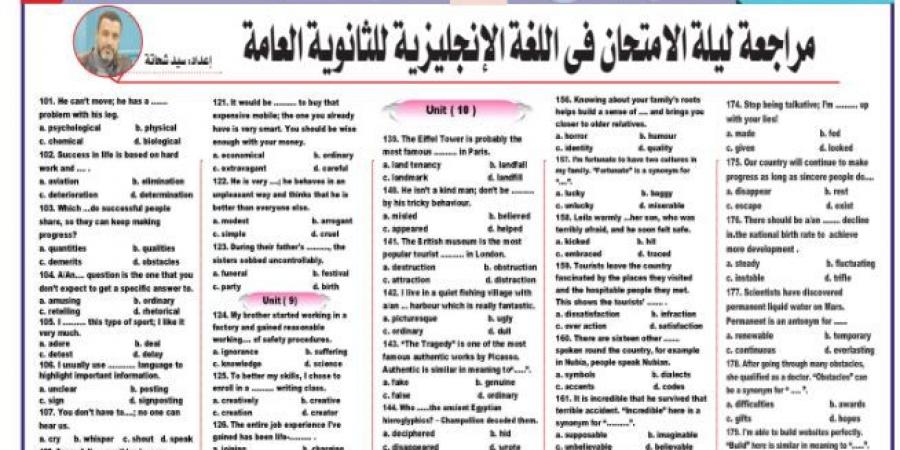 مراجعة ليلة امتحان في اللغة الانجليزية لـ الثانوية العامة 2025 - الكويت الاخباري