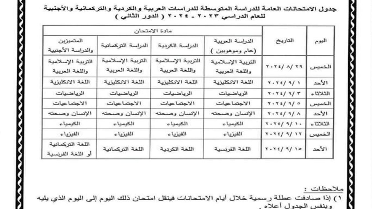 هُنا.. موعد ظهور جدول امتحانات الدور الثالث 2024 للصف الثالث متوسط والسادس الإعدادي