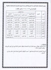 جدول امتحانات الدور الثالث الثالث متوسط 2024 جميع المحافظات في العراق