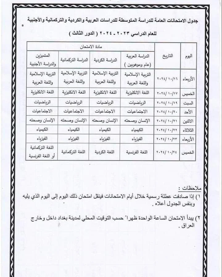 امتحانات الثالث متوسط الدور الثالث