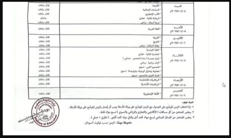 جدول امتحانات الشهادة الثانوية السودانية 