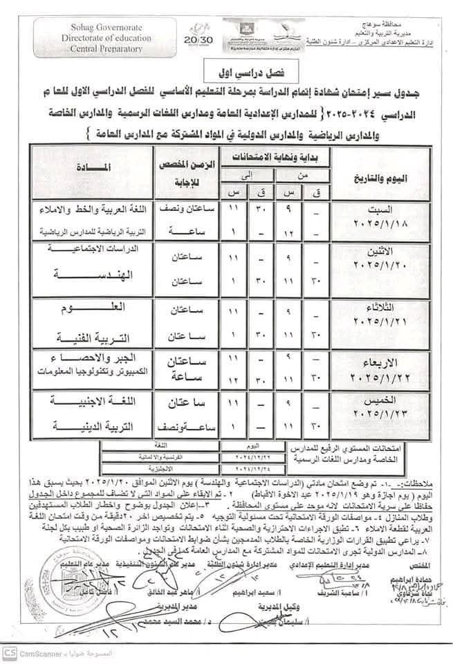 جدول امتحانات الصف الثالث الإعدادي 2025 محافظة سوهاج