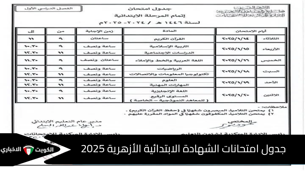 6 ابتدائي.. جدول امتحانات الشهادة الابتدائية الأزهرية 2025 الفصل الدراسي الأول