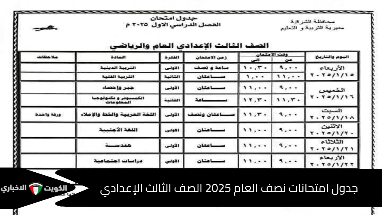 الان 3 اعدادي.. جدول امتحانات نصف العام 2025 الصف الثالث الإعدادي وسنوات النقل