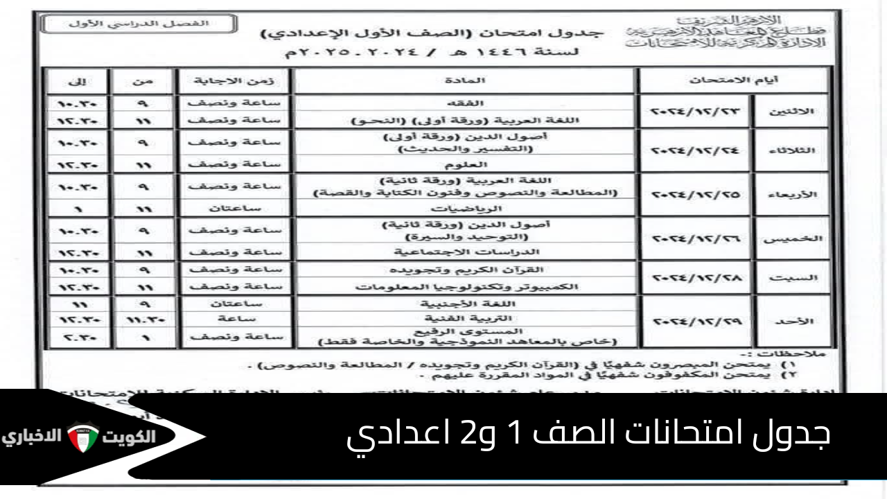 1 و2 اعدادي.. جدول امتحانات الصف الأول والثاني اعدادي ازهري 2025 الفصل الدراسي الأول