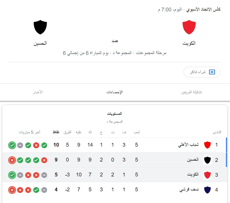 موعد مباراة الحسين والكويت وترتيب الفريقين